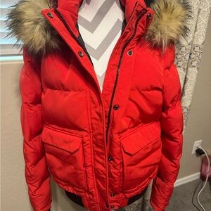 Super Dry Everest Red Puffer Jacket with Faux Fur Hood